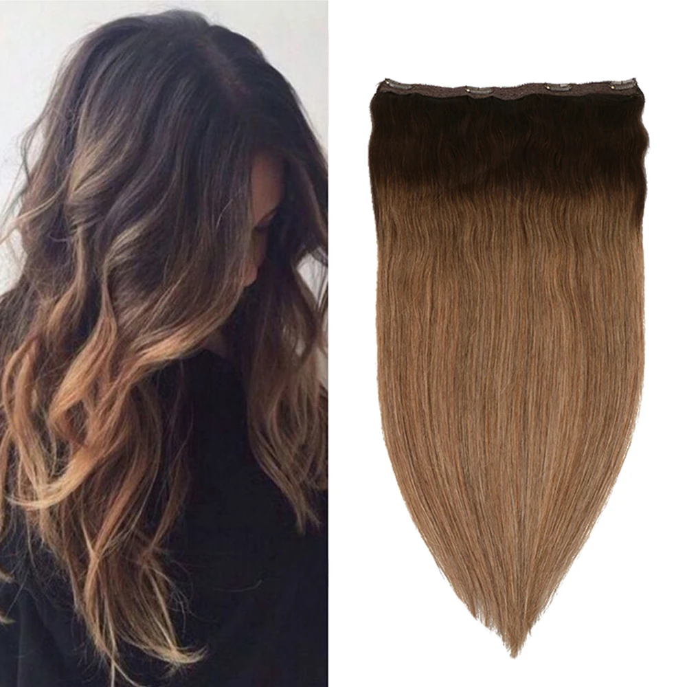 Toysww One Piece Clip in Hair Extensions Human Hair Double Weft Clip on Extensions Balayage Brown #2/2/8