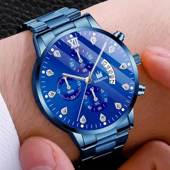 

SHAARMS Men Business Watches Blue Band Stainless Steel Quartz Wristwatch Relogio Masculino Fashion Clock