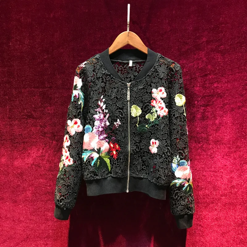 Женская куртка-бомбер с цветочной вышивкой, на молнии, в стиле ретро, пальто, весна, осень, длинный рукав, базовые, кружевные, короткие, байкерские куртки, женские