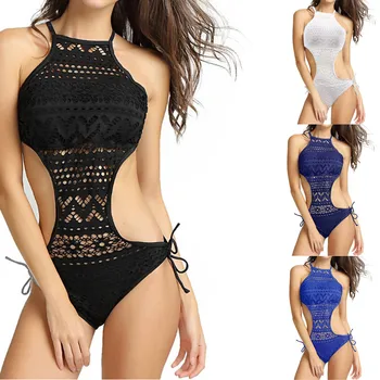 

Simple Ladies Swimsuits High Quality Women's Swimwear Solid Strappy Bandge Hollow Out One Piece Bikini Swimsuit Bathing Suit