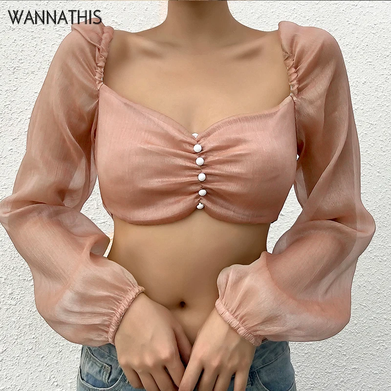 

WannaThis Blouse Cropped Patchwork Mesh Sleeve Solid Front Button Square Collar Neck Autumn Sexy Elegant Casual Slim Women Tops