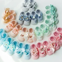 Детские носки на весну и лето, носки из тонкого хлопка стиль для малышей с начесом хлопковое кружево, цветок лук Анти-слип детская носки-тапочки