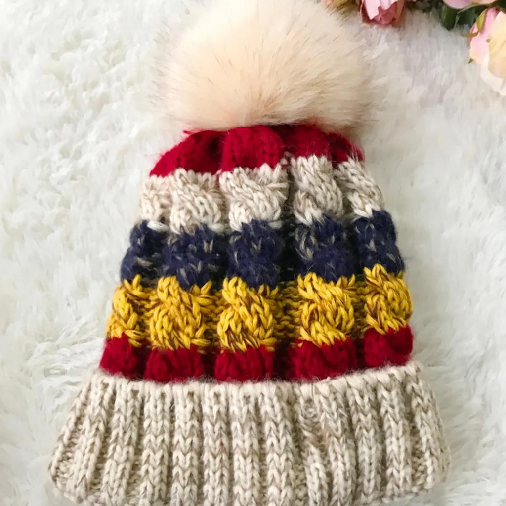 Fleece Lined Headwear Fashion Women's Winter Warm Solid Thicken Wool Hat Patchwork Stripe Knit Windproof Caps Hat Female Pompom - Цвет: B