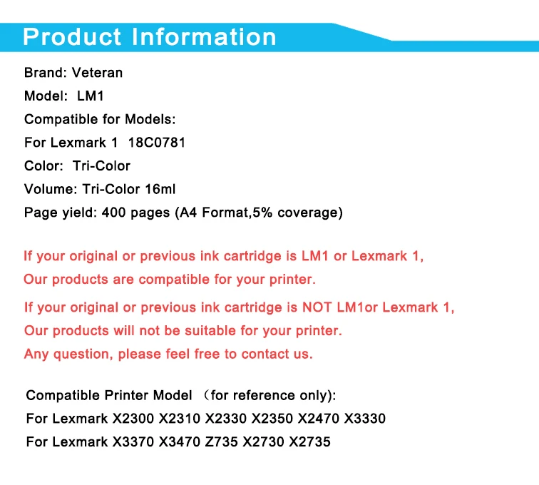 Ветеран 1 картридж для Lexmark 1 переработанного чернильного картриджа для X3470 X2300 X2310 X2330 X2350 X2470 X3330 X3370 Z730 Z735 X2730 принтер