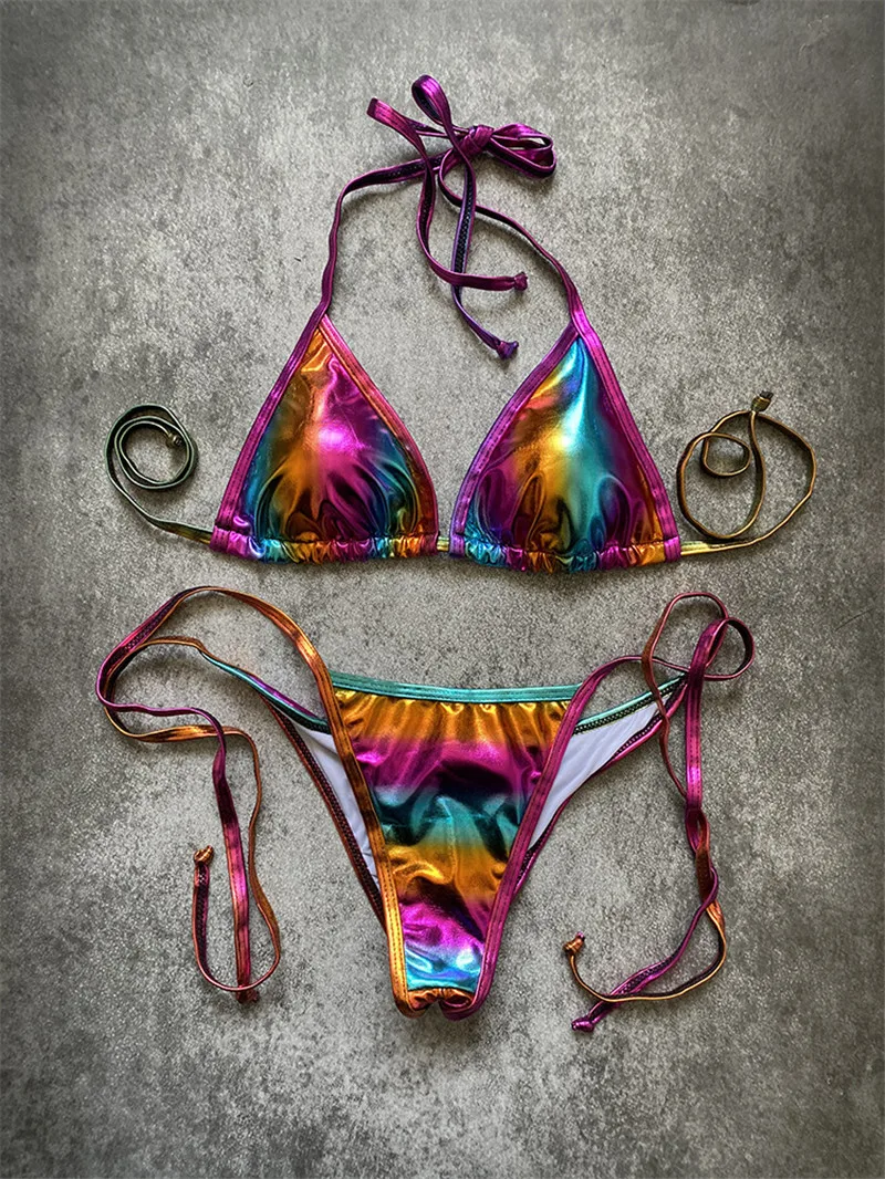 Melphieer 2024 Fashion Gold Shiny Beach Bikini Scrunch Butt Bather Bikinis Woman Swimwear Bathing Suit Beachwear S~XL E1248