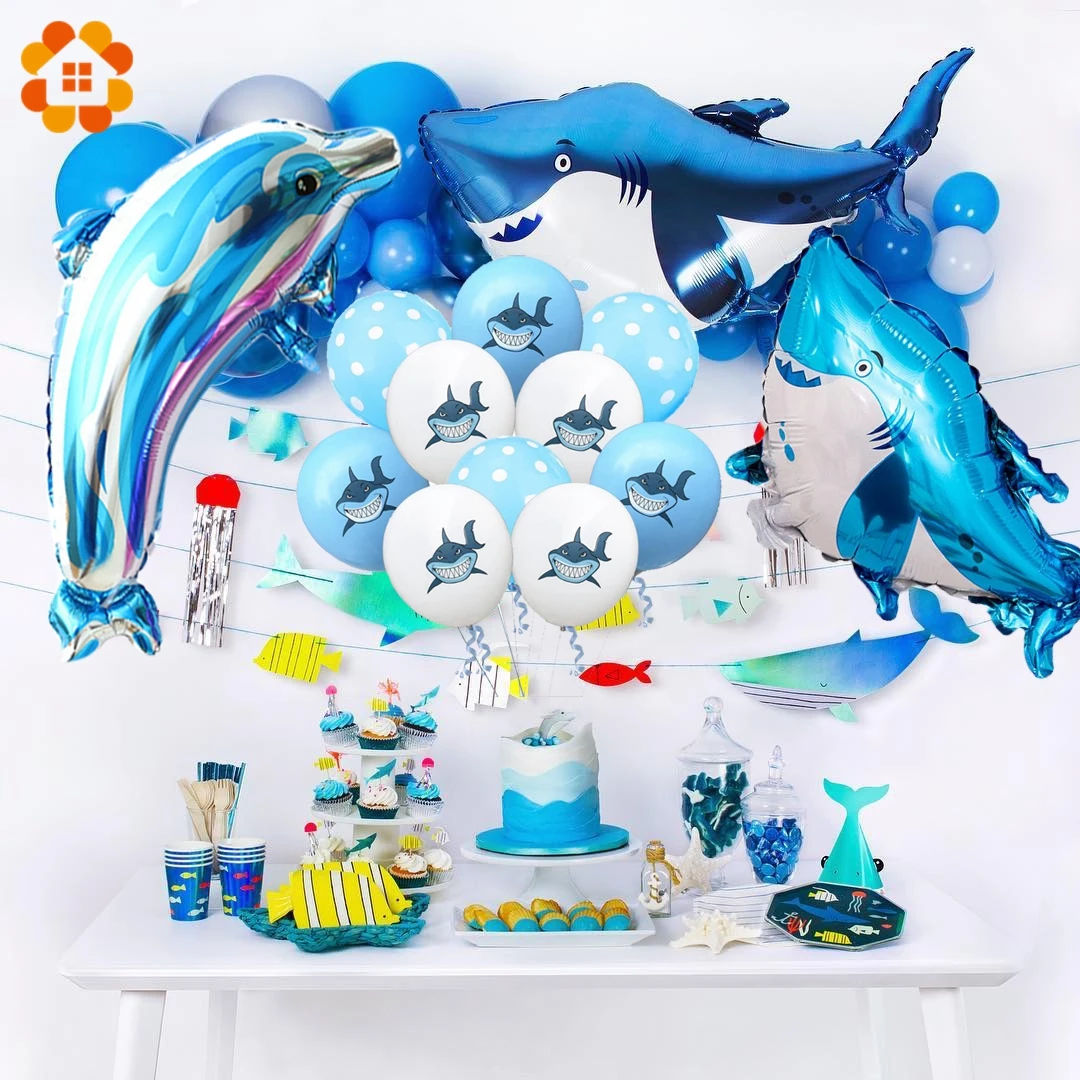 漫画の風船 サメ イルカ 魚 海の動物 カップケーキのトッパー お誕生日おめでとう 紙の花輪 赤ちゃんのパーティー用品の1セット パーティー用自作デコレーション Aliexpress