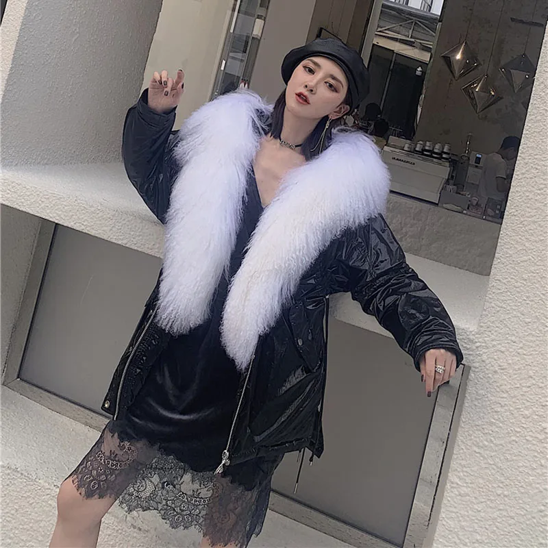 Manteau femme hiver пуховик женский с капюшоном с натуральным настоящим овечьим мехом воротник размера плюс пальто шапка Толстая теплая парка натуральный мех