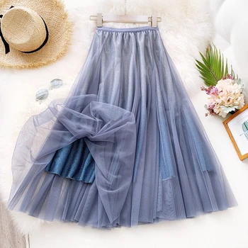 

High quality Gradient tulle skirt elegant long pleated a line skirts womens modis 2020 summer new arrival