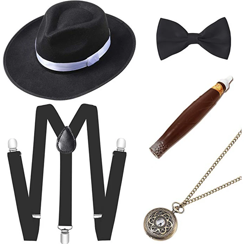 Cosplay Costumes 1920s Mens Gatsby Gangster Costume Accessories Set 30s Manhattan Fedora Hat Suspenders