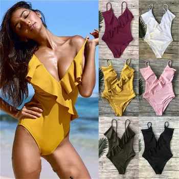 

2020 Women Ruffle V-Neck One Piece Swimsuit Sexy Push Up Padded Bra Swimwear Summer Solid Bathing Monokini Beachwear