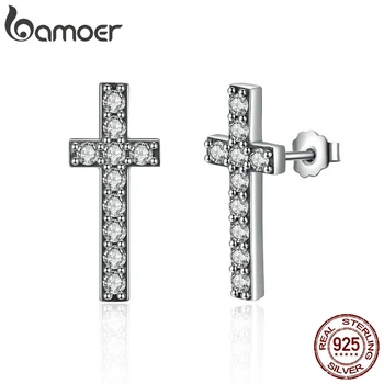 

BAMOER 925 Sterling Silver Fashion Cross Stud Earrings With AAA Zirconia Push-Back Clasp Earrings for Women Jewelry SCE036