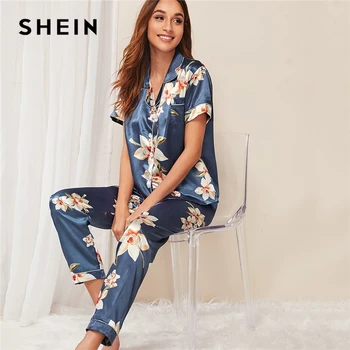 

SHEIN Multicolor Floral Print Satin Casual Pajama Set Women Summer Autumn Button Placket Short Sleeve Notched Neck Sleepwear
