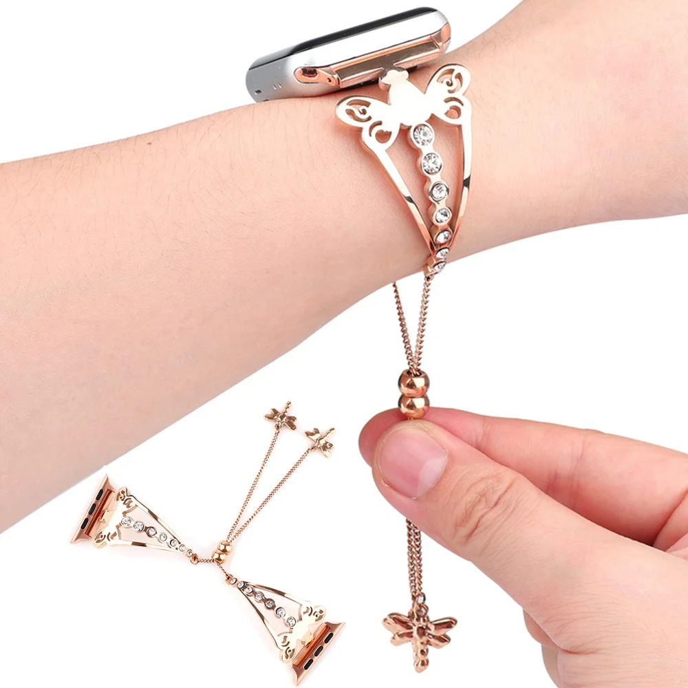 Для женщин с украшением в виде кристаллов, металлическое ювелирное изделие браслет ремешок для наручных часов Apple Watch iWatch серии 5 4 3 2 40/44/38/42 мм подвеской в виде стрекозы, наручный ремень