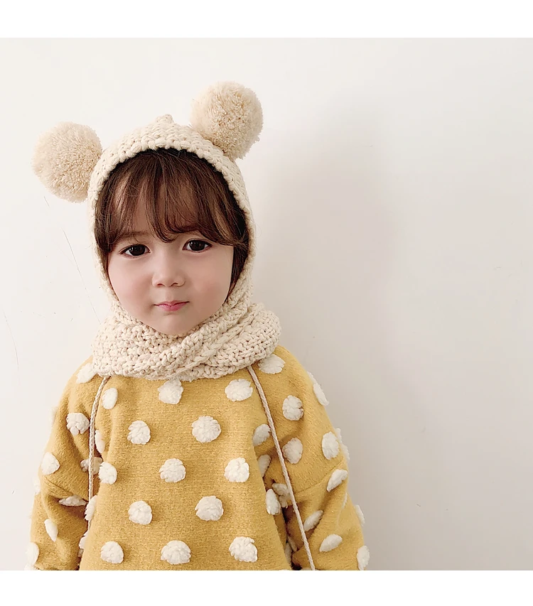 Children Knitted Hat Autumn and Winter Toddler Girl Neck Ear Protection One Baby Winter Warm Wind Hat Small Ball Baby Girl Cap