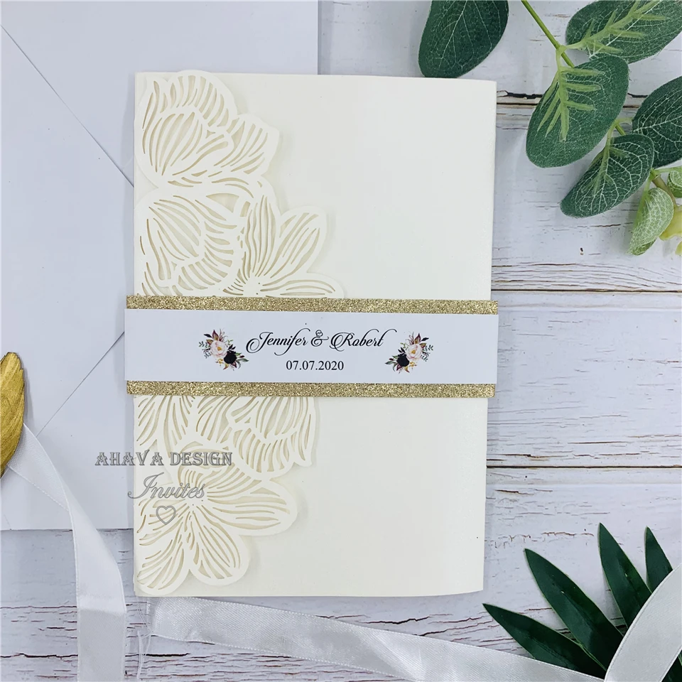 

Gorgeous Ivory Laser Cut Wedding Invitation With Personalized Belly Band And RSVP card