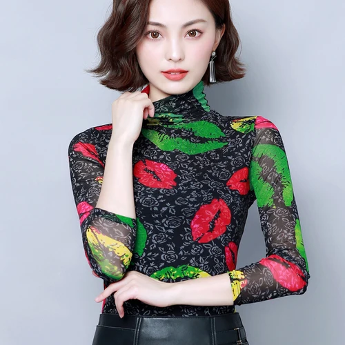 

2019 Autumn New Fashion Elastic Sexy Printed Long Sleeve Designs Female Blouse Simple Elegant Comfortable Bottom Shirt Plus Size