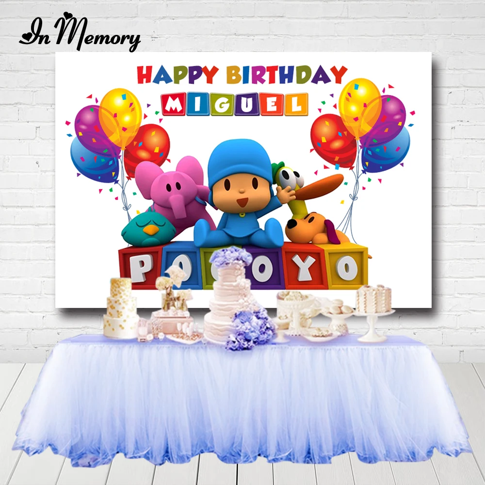 Inmemory pocoyo cumpleaños festa backdrops para estúdio de fotos balões crianças 1st aniversário fotografia fundos 7x5ft personalizado