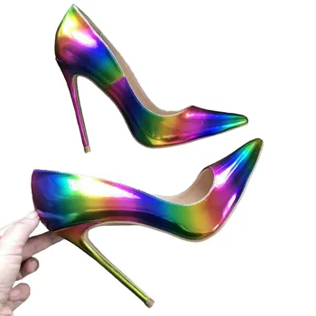 

Free Shipping Real Pictures Colorful Rainbow Fingertip Woman Lady Female 12cm 10cm 8cm High Heels Shoes Pum Thin Heels Party PU