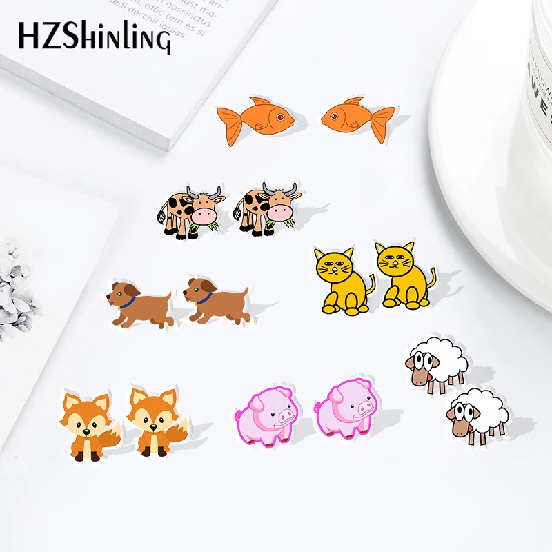 

HZSHINLING New Arrival Stainless Steel Cute Animal Shrinky Dinks Earrings Pig Dog Fish Cartoon Resin Earrings Jewelry Epoxy