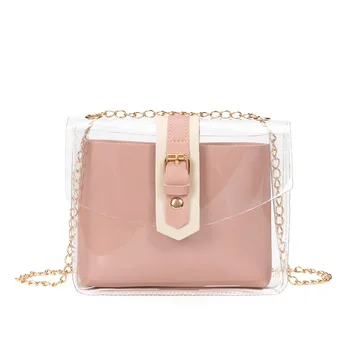 

2020 summer single shoulder oblique transparent letter pin buckle beach jelly ladies bucket bag small square bag