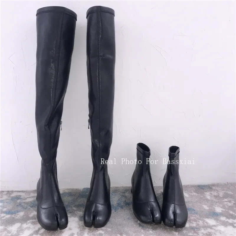 Black Leather Over The Knee Boots Women Split Toe Side Zipper High Heel Boots Woman Sexy Knight Boots