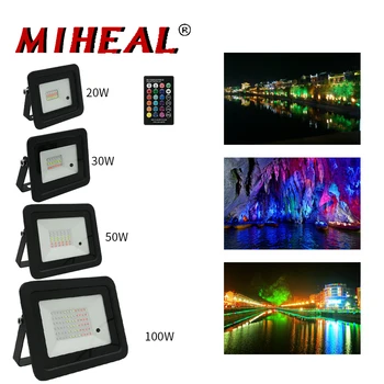 

20W 30W 50W 100W Outdoor LED RGB Flood Light 110V/200V LED Spotlight IP68 Reflector Projector Lamp With Color Remote Controller