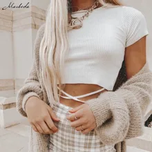 

Macheda Women Streetwear Knitted Short Sleeve O Neck T shirt Summer Bandage Crop Top Lady Solid Colour Slim Tee Casual 2020