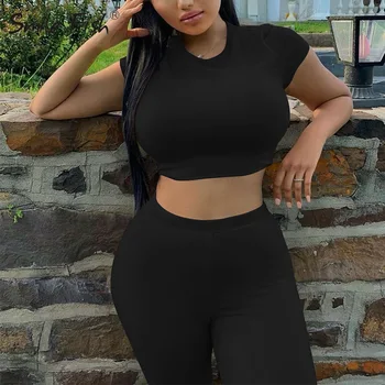 

Solid Bodycon Elastic Sport Suits O-Neck Summer Female 2 Pieces Set Tracksuits Women Sets Casual Short Sleeve T-shirts G1409