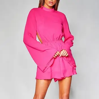 

Women Autumn Bohemian Short Rompers Ruffles Backless Flare Sleeve Chiffon Jumpsuits Sexy Empire Waist Beach Playsuits