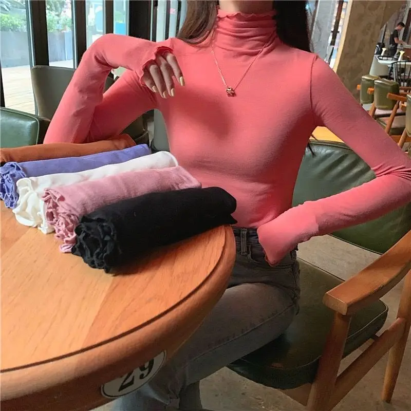 Long Sleeve T-shirts Women Solid Simple Basic All-match Korean Trendy Womens Tops Daily Soft Autumn Popular Ladies Clothing Tee