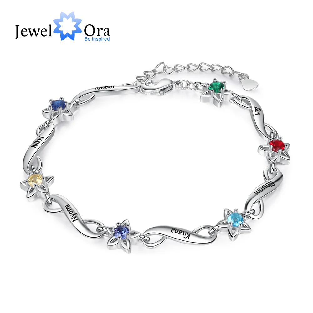 

JewelOra Personalized Name Engraving Infinity Bracelet Customized 2-7 Inlaid Birthstone Flower Bracelets for Women Mothers Gifts