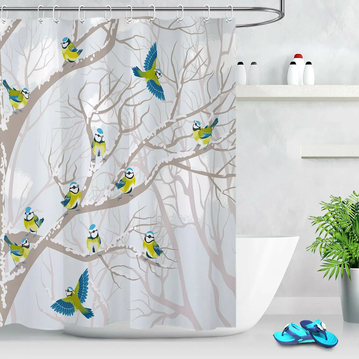 

Набор тканевых занавесок для душа, зимние декоративные крючки для ванной комнаты с изображением сухих ветвей снега и птиц