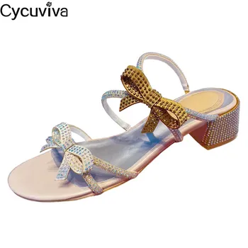 

New Bowtie Rhinestone Slippers Woman Chunky Heels Mules Dress Shoes Slip On Slides 2020 Runway Crystal Glitter Slippers Woman