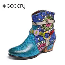 SOCOFY/ботинки из натуральной кожи; женские синие полусапожки на низком каблуке с принтом на молнии и резиновой подошве; элегантная обувь; женская обувь; Botines Mujer;