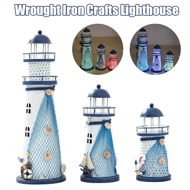 Mediterranean Style Iron Lighthouse Figurine Nostalgic Ocean Anchor Ornament Light for Teen Room Bedroom Desk Table Decoration