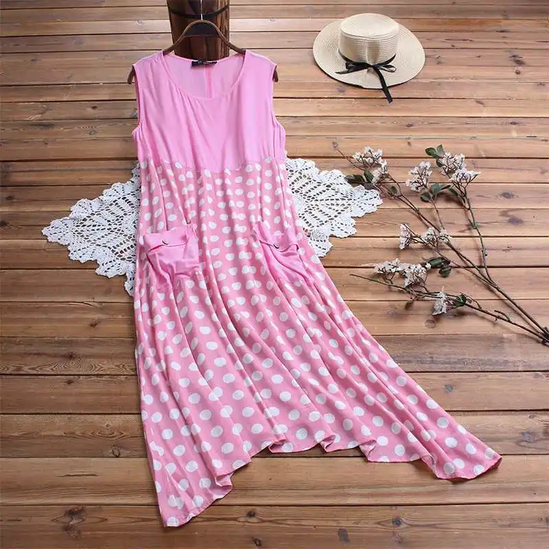 Summer Sundress ZANZEA Women Sleeveless Polka Dot Printed Beach Dress Casual Pacthwork Long Vestido Femme Robe Tanks Dress
