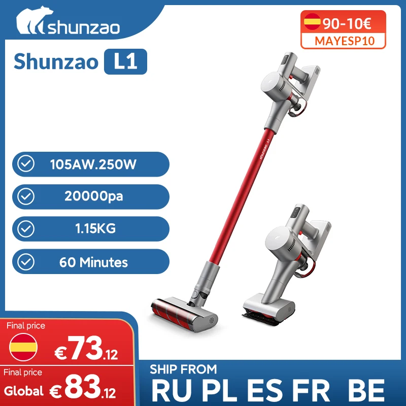 shunzao L1 Cordless Wireless Handheld Vacuum, 20KPa Suction Power, 105AW,60Mins runtimes, 6Pcs removable battery, 0.4L Dust box