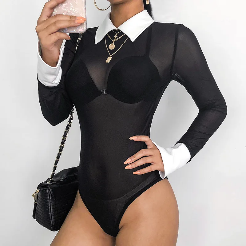 

2019 Summer Autumn New Sexy Gauze Splicing Lapel Bodysuit Women Fashion Perspective Slim Bottoming Long Sleeves Bodysuit