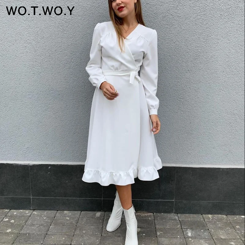 Женское платье с оборками WOTWOY белое повседневное элегантное до середины икры v