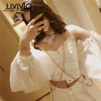 

[LIVIVIO] Denim Shirts Top Female Denim Collar Patchwork Long Lantern Sleeve Short Shirt for Women 2020 Summer Fashion Tide