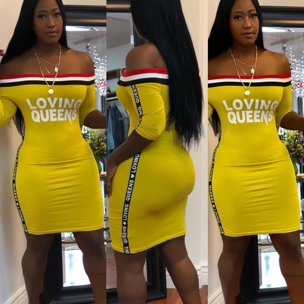 4 Colors! Fashion Women Slash Neck Sexy Slim Dress Summer Letter Print Sexy Bodycon Bandage Dress Vestidos SQ5080
