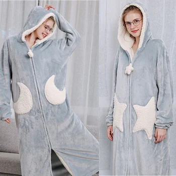 

Long Flannel Fleece Hooded Dressing Gown Women Men Warm Star Moon Zipper Sleepwear Robe K2