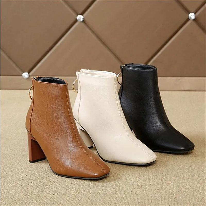 Women's Fashion Short Boots High Heel Shoes Solid Color Square Toe High Heels Plus Velvet Nude Boots Simple Casual Autumn Winter