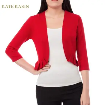 

Kate Kasin Fashion Women's Pleated Knitted Bolero Shurgs Knitwear 3/4 Sleeve Short Cardigan Cropped Sweater Coat Shurg Outwear