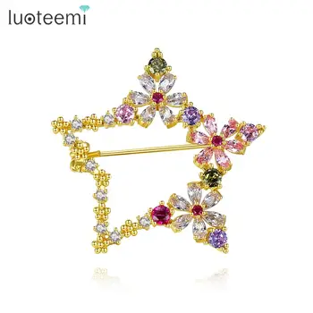 

LUOTEEMI Newest Big Hollowed Star Flower Brooch Pins for Children Woman Double Color AAA Cubic Zircon Paved Fashion Jewelry Gift