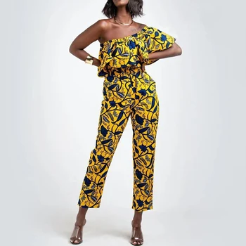 

2020 Summer African Print Off Shoulder Ruffles Long Jumpsuit Dashiki Fashion African Floral Print Clothes for Women