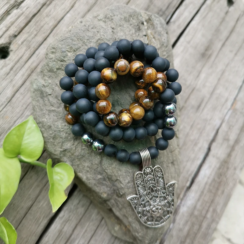 8mm Natural Stone Beads,Matte Black Onyx,Tigers Eye,Heal,JapaMala Sets,Spiritual Jewelry,Meditation,Inspirational,108 Mala Beads