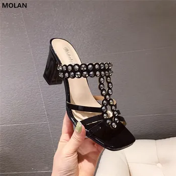 

MOLAN Brand Designer 2020 Summer Luxury Bling Crystal T-strap Sexy High Heels Lady Pumps Slip On Loafers Mules Flip Flops Casual