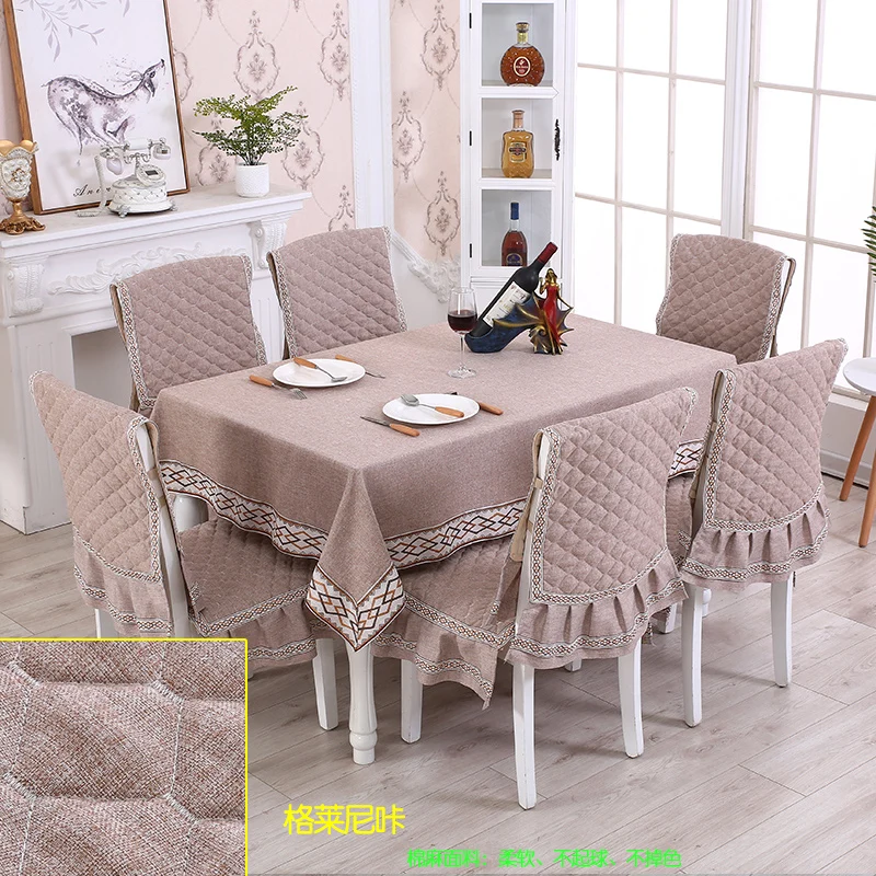 - Highgrade European Solid Color Table Cloth 1PCS Tablecloth 6PCS Chair Cover Modern Minimalist Nonslip dining Table Chair Set