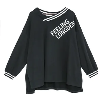 

LANMREM 2020 Spring new oversize hip hpp Asymmetrical t-shirt women Print Pullover Personality Tide korean Irregular tops YH765